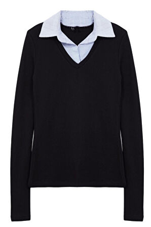 Kadın Moda Şık Uzun Polo Yaka Regular Kalıp Örme Dokuma Detaylı Gömlek Yaka Normal Kalıp Bluz