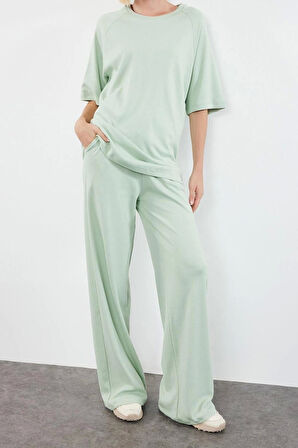 Kadın Moda Şık Geniş Paça Relaxed Rahat Kalıp Geniş Paça Örme Bluz Pantolon Alt-Üst Takım