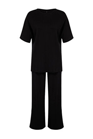 Kadın Moda Şık Geniş Paça Relaxed Rahat Kalıp Geniş Paça Örme Bluz Pantolon Alt-Üst Takım
