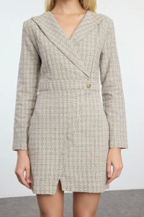 Kadın Moda Şık Mini Boy Ceket Yaka Regular Ekose Kareli Dokuma Elbise