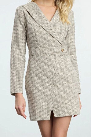 Kadın Moda Şık Mini Boy Ceket Yaka Regular Ekose Kareli Dokuma Elbise