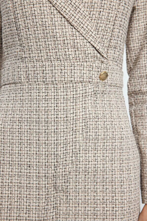 Kadın Moda Şık Mini Boy Ceket Yaka Regular Ekose Kareli Dokuma Elbise