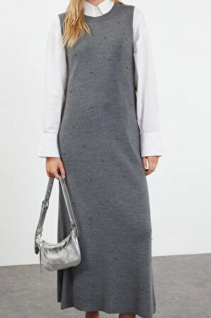 Kadın Moda Şık Tesettür Uzun Bisiklet Yaka Regular İncili Triko Elbise