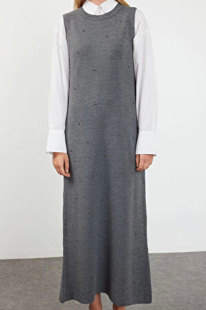 Kadın Moda Şık Tesettür Uzun Bisiklet Yaka Regular İncili Triko Elbise