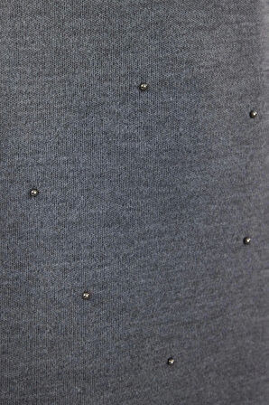 Kadın Moda Şık Tesettür Uzun Bisiklet Yaka Regular İncili Triko Elbise