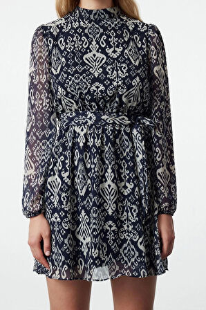 Kadın Moda Şık Mini Boy Dik Yaka Regular Etnik Dokuma Kışlık Elbise