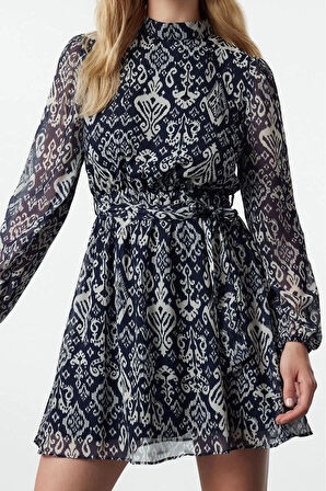 Kadın Moda Şık Mini Boy Dik Yaka Regular Etnik Dokuma Kışlık Elbise