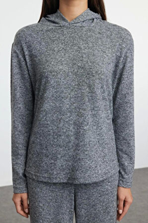 Kadın Moda Şık Regular Kısa Boy Uzun Kollu Kapüşonlu Yumoş Esnek Örme Bluz ve Pantolon Alt-Üst Takım