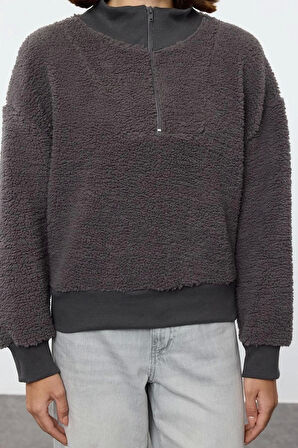 Kadın Moda Şık Bol Dik Yaka Düşük Kol Uzun Fermuarlı Geniş Kalıp Peluş Kalın Örme Sweatshirt