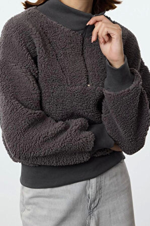 Kadın Moda Şık Bol Dik Yaka Düşük Kol Uzun Fermuarlı Geniş Kalıp Peluş Kalın Örme Sweatshirt