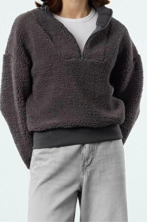 Kadın Moda Şık Bol Dik Yaka Düşük Kol Uzun Fermuarlı Geniş Kalıp Peluş Kalın Örme Sweatshirt
