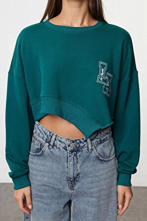 Kadın Moda Oversize Bisiklet Yaka Düşük Kol Crop Geniş Kalıp Asimertik Crop Kalın Örme Sweatshirt