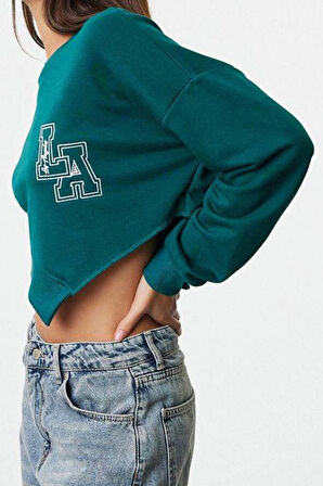 Kadın Moda Oversize Bisiklet Yaka Düşük Kol Crop Geniş Kalıp Asimertik Crop Kalın Örme Sweatshirt