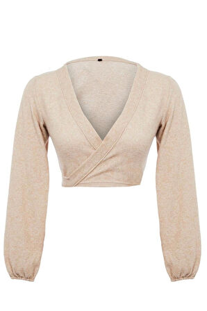 Kadın Moda Şık Regular Kruvaze Yaka İspanyol Kol Slim Kalıp Örme Yumoş Bağlama Detaylı Kollu Bluz