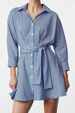 Kadın Moda Şık Mini Boy Gömlek Yaka Regular Kahverengi001 Çizgili Dokuma Elbise