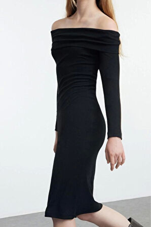 Kadın Moda Midi Boy Carmen Yaka Slim Siyah001 Çizgili Fitted Vücuda Oturan Fitilli Esnek Örme Elbise