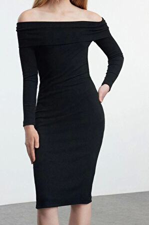 Kadın Moda Midi Boy Carmen Yaka Slim Siyah001 Çizgili Fitted Vücuda Oturan Fitilli Esnek Örme Elbise