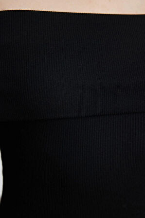 Kadın Moda Midi Boy Carmen Yaka Slim Siyah001 Çizgili Fitted Vücuda Oturan Fitilli Esnek Örme Elbise