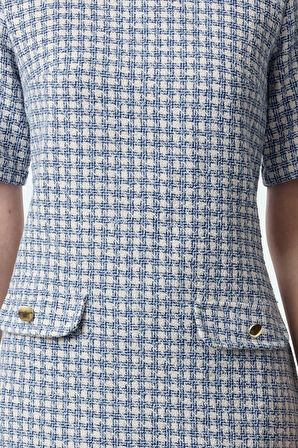 Kadın Moda Şık Mini Boy Bisiklet Yaka Regular Kazayağı Düz Kesim Düğme Detaylı Tüvit Dokuma Elbise