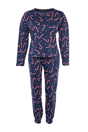 Kadın Moda Şık Büyük Beden Bisiklet Yaka Dar Paça Uzun Kol Yılbaşı Temalı Örme Pijama Takımı