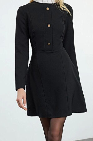 Kadın Moda Şık Mini Boy Dik Yaka Regular A Kesim Düğme Detaylı Dokuma Elbise