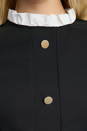 Kadın Moda Şık Mini Boy Dik Yaka Regular A Kesim Düğme Detaylı Dokuma Elbise