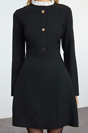 Kadın Moda Şık Mini Boy Dik Yaka Regular A Kesim Düğme Detaylı Dokuma Elbise