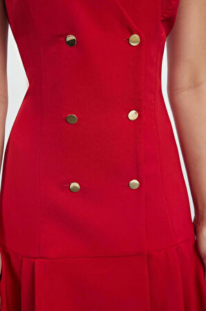 Kadın Moda Şık Mini Boy Ceket Yaka Regular Pilise Detaylı Dokuma Ceket Elbise