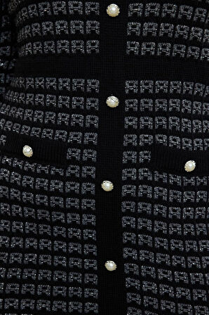 Kadın Moda Şık Büyük Beden Mini Boy Bisiklet Yaka Fitted Desenli Düğmeli Triko Elbise