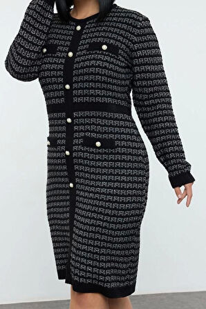 Kadın Moda Şık Büyük Beden Mini Boy Bisiklet Yaka Fitted Desenli Düğmeli Triko Elbise