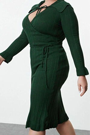Kadın Moda Şık Büyük Beden Midi Boy Gömlek Yaka Fitted Fitilli Kruvaze Triko Elbise