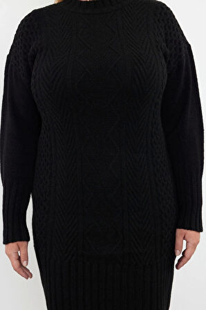 Kadın Moda Şık Büyük Beden Mini Boy Bisiklet Yaka Relaxed Örgü Detaylı Triko Elbise