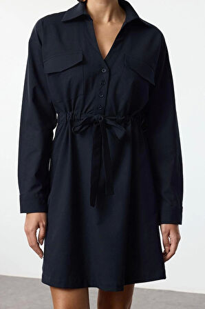 Kadın Moda Şık Mini Boy Gömlek Yaka Regular Belden Açılan Tünel Detaylı Pamuklu Dokuma Elbise