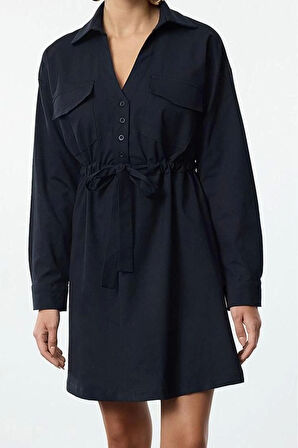 Kadın Moda Şık Mini Boy Gömlek Yaka Regular Belden Açılan Tünel Detaylı Pamuklu Dokuma Elbise