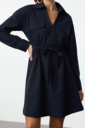 Kadın Moda Şık Mini Boy Gömlek Yaka Regular Belden Açılan Tünel Detaylı Pamuklu Dokuma Elbise