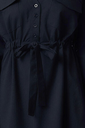 Kadın Moda Şık Mini Boy Gömlek Yaka Regular Belden Açılan Tünel Detaylı Pamuklu Dokuma Elbise