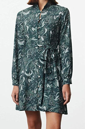 Kadın Moda Şık Mini Boy Gömlek Yaka Regular Kuşaklı Şal Desen Astarlı Dokuma Gömlek Elbise