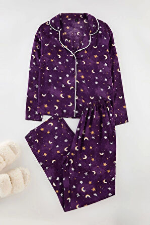 Kadın Moda Şık Gömlek Yaka Boru Paça Uzun Kol Galaksi Desenli Biyeli Viskon Dokuma Pijama Takımı