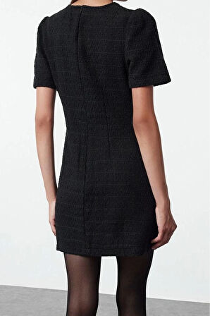 Kadın Moda Şık Mini Boy Bisiklet Yaka Regular A Kesim Cep Detaylı Dokuma Elbise