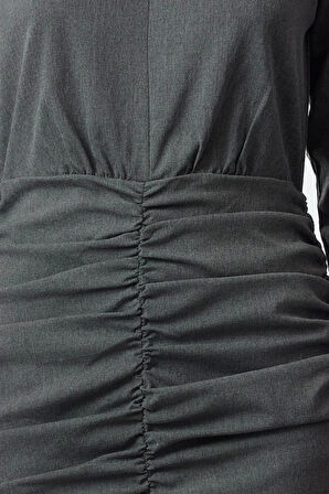 Kadın Moda Şık Mini Boy V Yaka Regular Vücudu Saran Drape Detaylı Dokuma Elbise