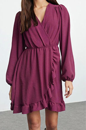 Kadın Moda Şık Mini Boy Kruvaze Regular Kuşaklı Dokuma Volanlı Elbise