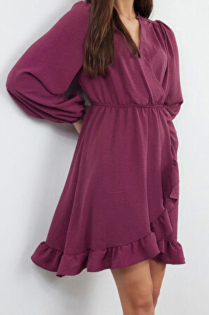 Kadın Moda Şık Mini Boy Kruvaze Regular Kuşaklı Dokuma Volanlı Elbise