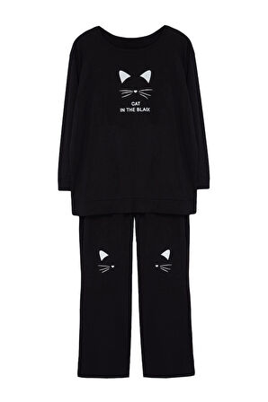 Büyük Beden Kadın Pamuklu Bisiklet Yaka Uzun Kol Kedi Baskılı 2 İplik Örme Pijama Takımı