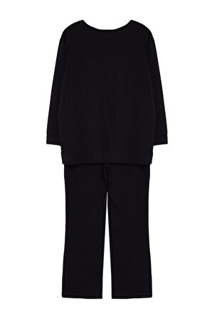 Büyük Beden Kadın Pamuklu Bisiklet Yaka Uzun Kol Kedi Baskılı 2 İplik Örme Pijama Takımı