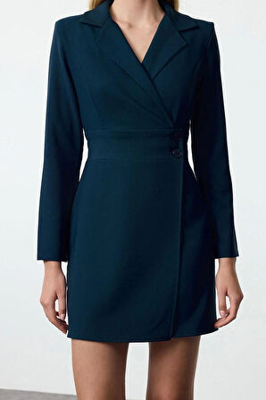 Kadın Moda Şık Mini Boy Ceket Yaka Regular Düz Dokuma Elbise