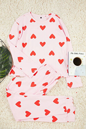 Kadın Moda Şık Bisiklet Yaka Boru Paça Uzun Kol %100 Pamuklu Kalpli Örme Pijama Takımı