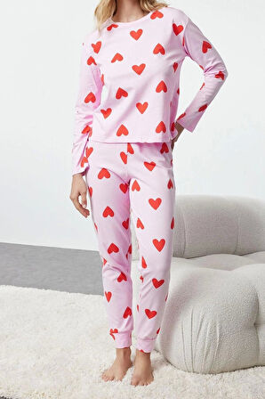 Kadın Moda Şık Bisiklet Yaka Boru Paça Uzun Kol %100 Pamuklu Kalpli Örme Pijama Takımı