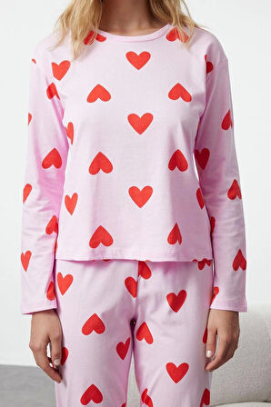 Kadın Moda Şık Bisiklet Yaka Boru Paça Uzun Kol %100 Pamuklu Kalpli Örme Pijama Takımı