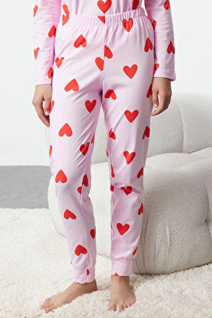 Kadın Moda Şık Bisiklet Yaka Boru Paça Uzun Kol %100 Pamuklu Kalpli Örme Pijama Takımı