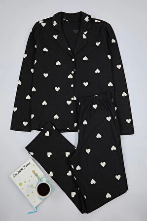 Kadın Moda Şık Ceket Yaka Boru Paça Uzun Kol %100 Pamuklu Kalp Desenli Örme Pijama Takımı